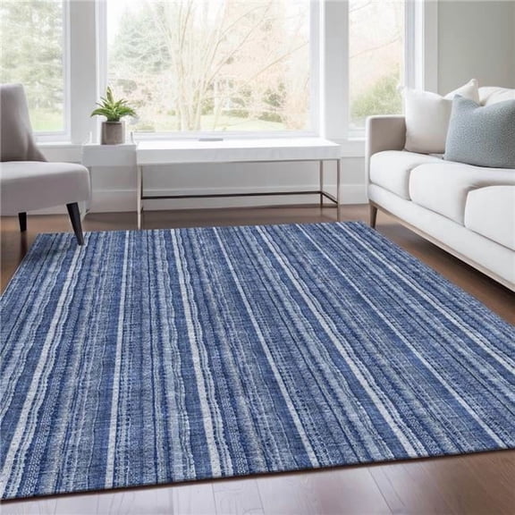 HomeRoots 677543 10 x 14 ft. Denim Blue & Ivory Striped Washable Machine Made Rectangle Area Rug with UV Protection
