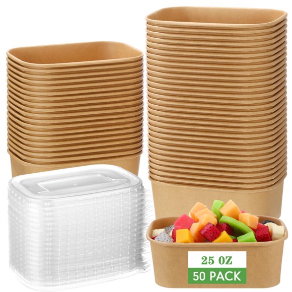 Paquete de 50 cuencos de papel kraft de 750 ml de Maxdot con tapa