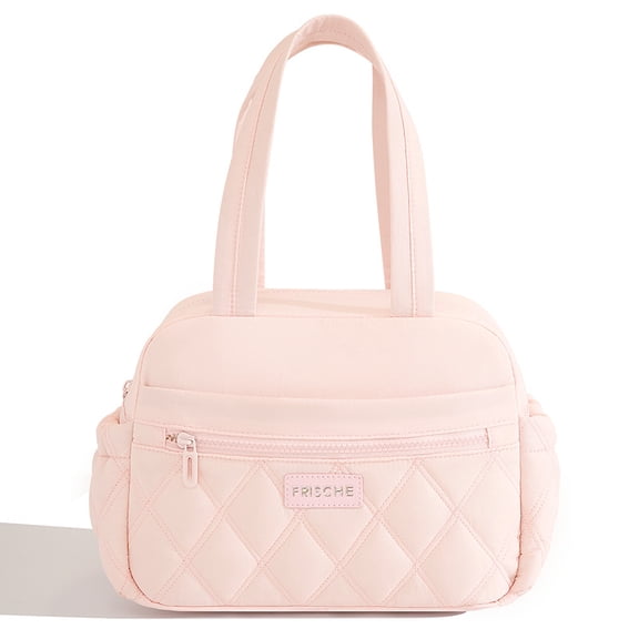 Insulated Lunch Bag, Portable Quilted Tote with Water-Resistant Lining, Dual Front Pockets, Side Pockets, Long Handle, Reusable Lunch Box for Office Picnic Travel,Pink