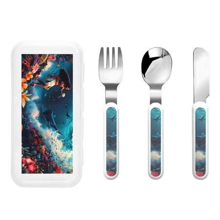 

Gaeub Fantasy Underwater Adventure Print 3-Piece Children Knife Spoon Fork Set Stainless Steel Child Flatware Set Kids Utensils Set with Case for Lunch Box (Fork Spoon Knife Combo)