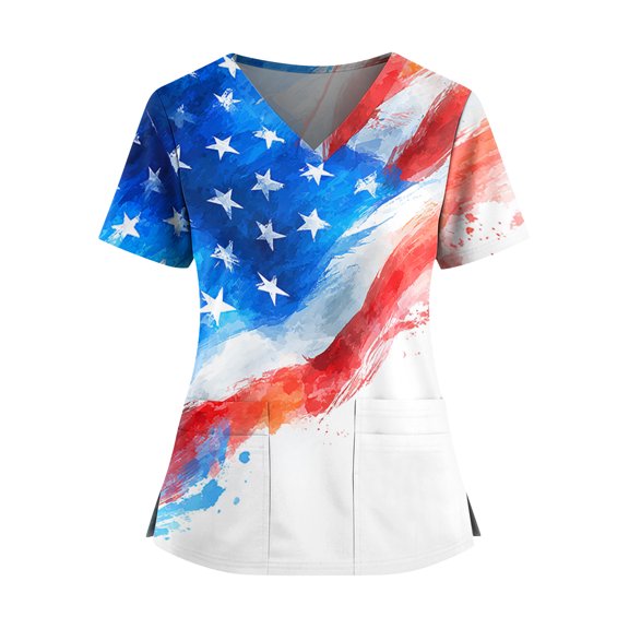 4th of July Scrub Tops Women Vneck USA 1776 - 2026 250th Anniversary USA Patriotic Working Uniforms Pocketed Shirts 03-White 4XL