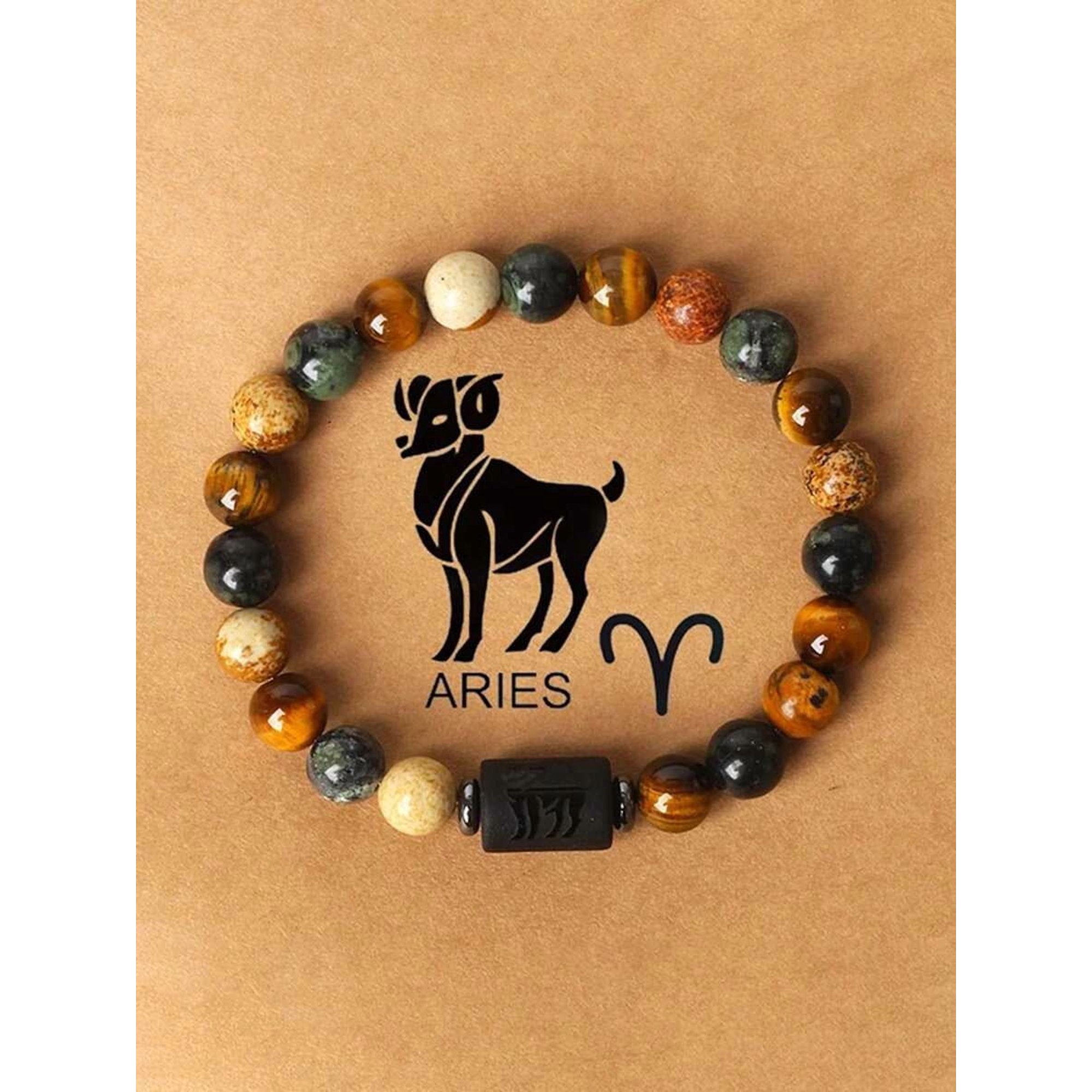 Aries Zodiac Beaded Bracelet With Tiger Eye Jasper And Picture Stone