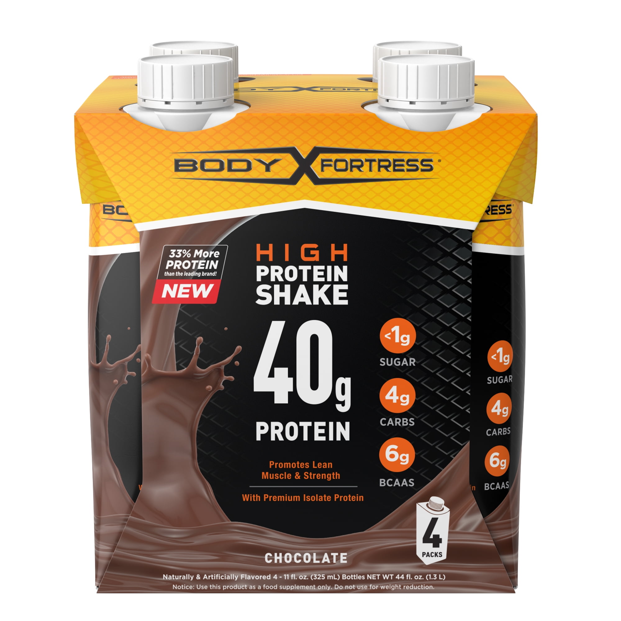 Body Fortress High Protein Shakes, 40g Protein, Chocolate, 4 Pack