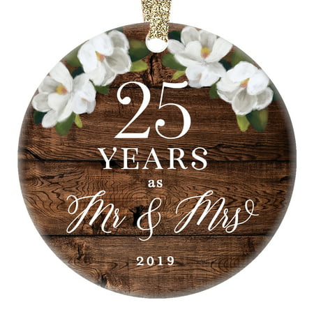 Christmas 2019 Ceramic Collectible Ornament 25th Twenty-Fifth Silver Wedding Anniversary Keepsake Present 25 Twenty-Five Years Married Rustic Floral 3