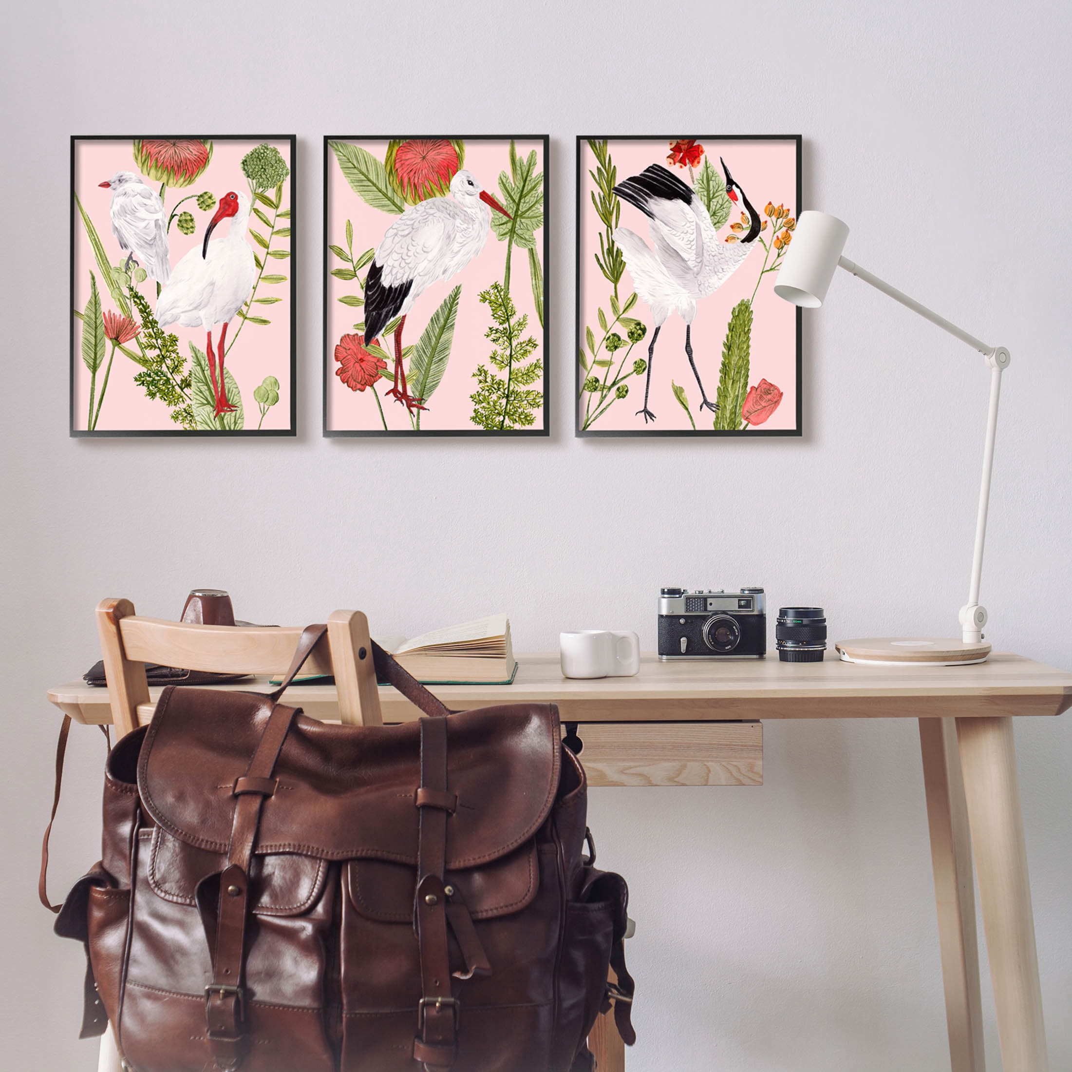Stupell Industries Crane Bird Pink Botanicals Graphic Art Black Framed Art Print Wall Art, Set of 3, Design by Melissa Wang