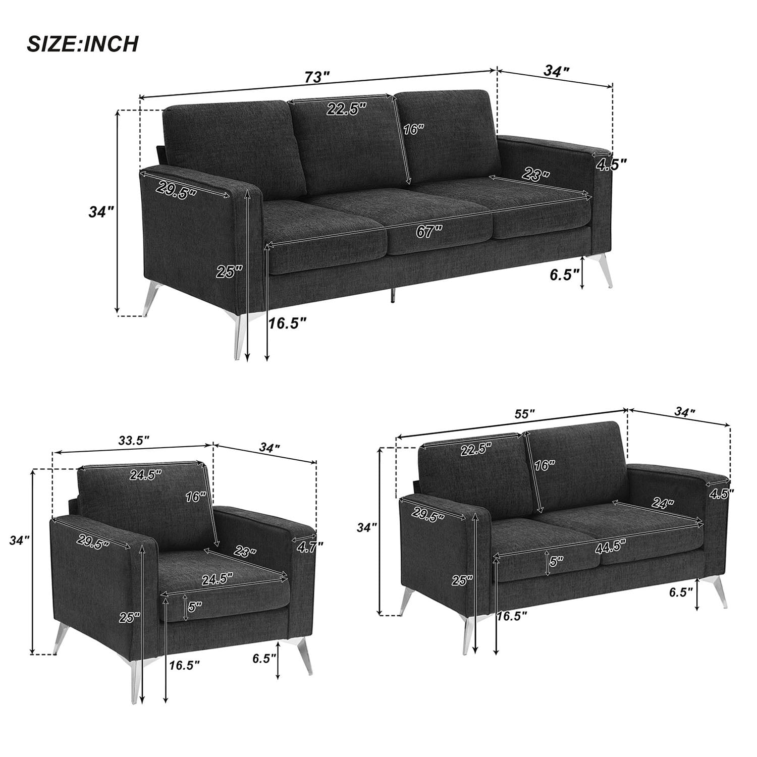 Kadyn Modern 3-Piece Sofa Sets, Upholstered 3-Seat Sofa with Sturdy Metal Legs, Loveseat and Single Chair for Living Room Furniture Set, Dark Grey