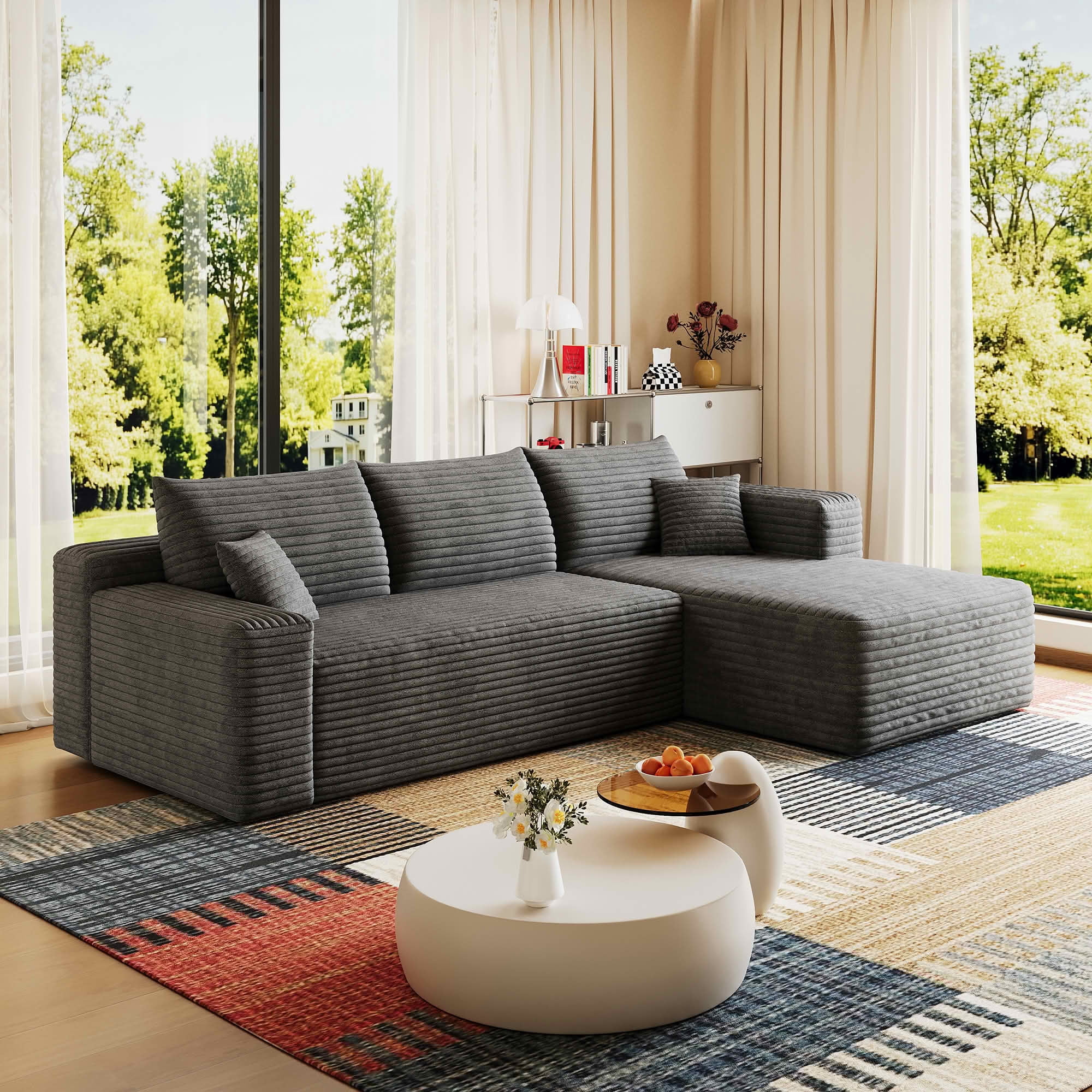 MAYEERTY 95 Inch L‑Shaped Cloud Sectional Sofa, Modern Minimalist Deep‑Seat Corner Couch, Plush Corduroy Upholstered Reversible Sofa, No‑Assembly Required for Living Room Bedroom Apartment