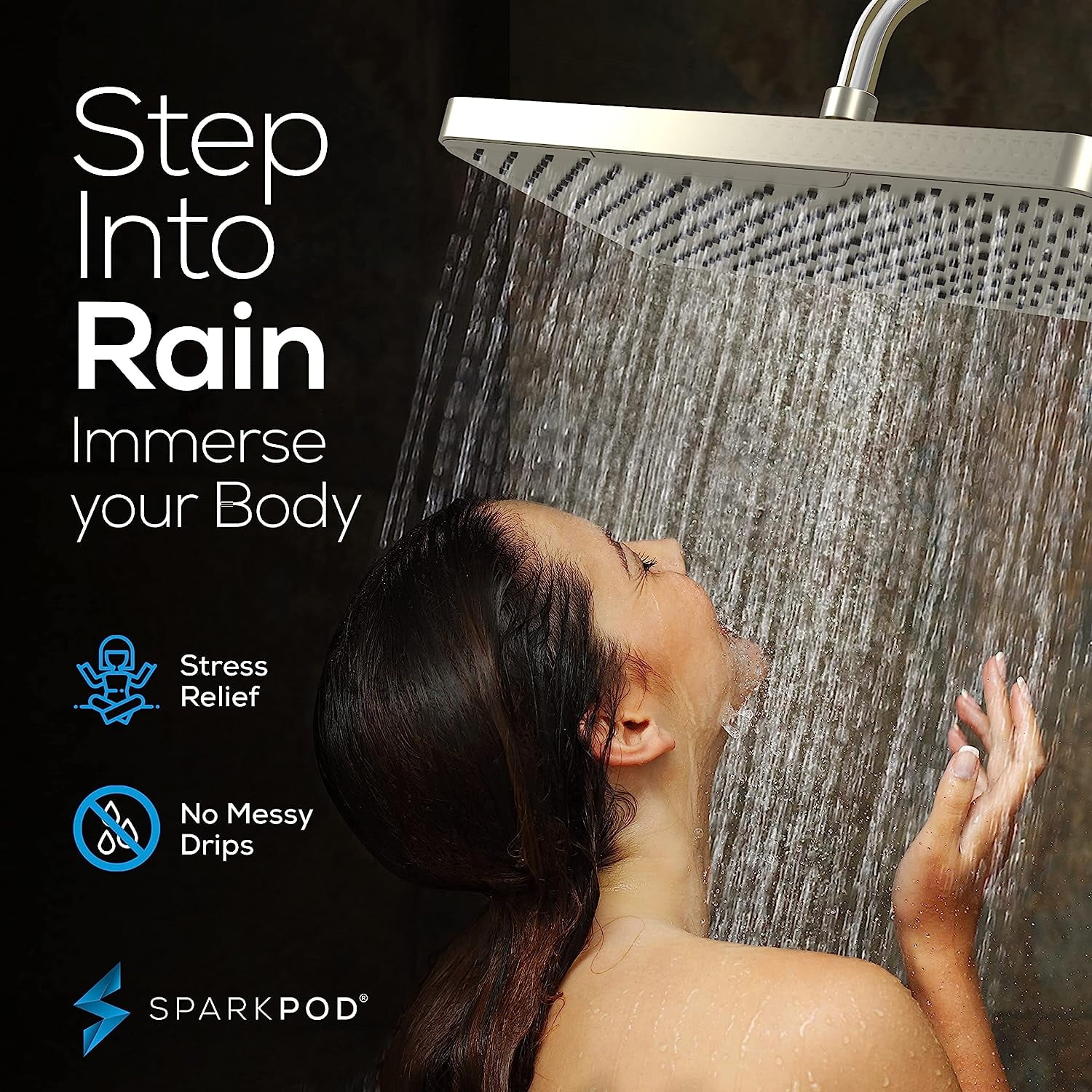 SparkPod 12" Rainfall Shower Head - Wall/Ceiling Mount - High Pressure, Anti-Clog, Easy Install (Bursehd Nickel)