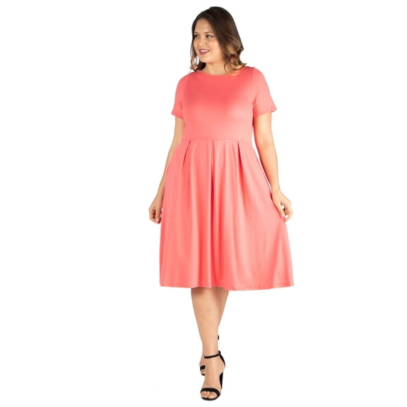 Plus Size Short Sleeve Fit N Flare Pocket Midi Dress