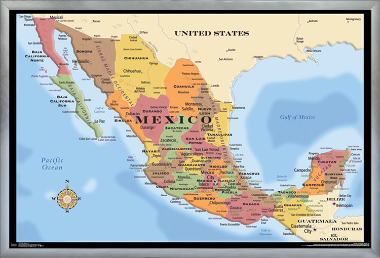 Mexico Map Wall Poster – Framed Decor, 14.725 X 22.375 Inches, Satin Finish