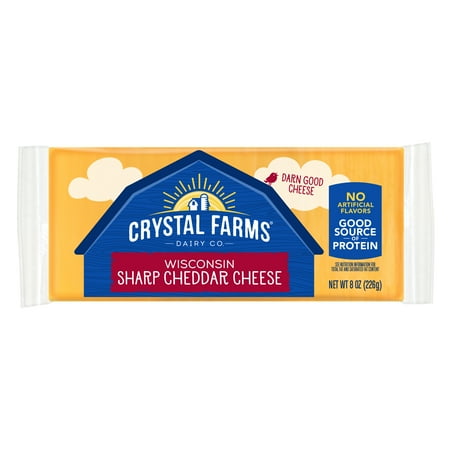 Crystal Farms Sharp Cheddar Cheese Block, 8 oz., Refrigerated, Plastic pack