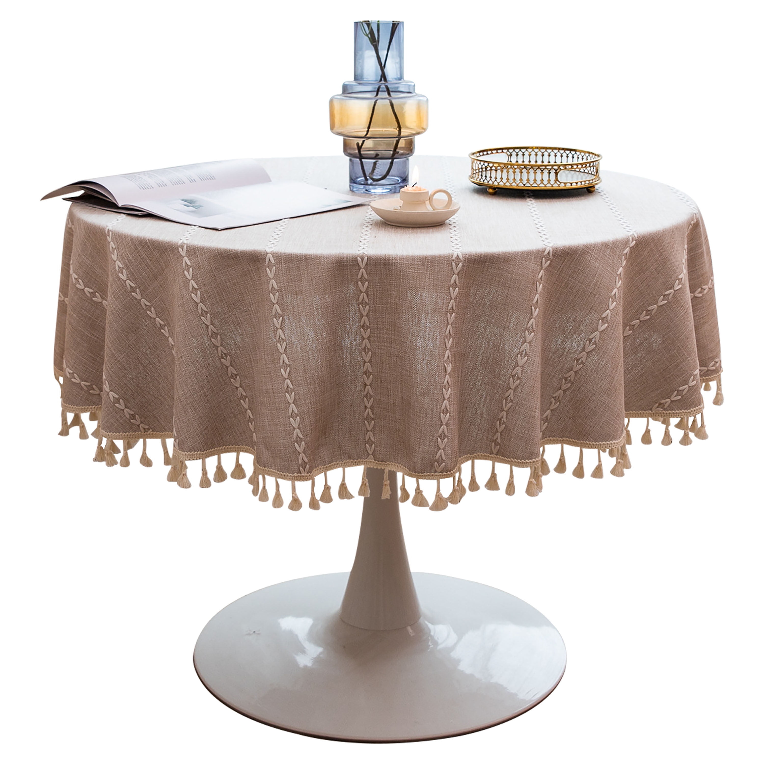 Round Tablecloth,Cotton Linen Circle Tablecloth With Tassel,Striped