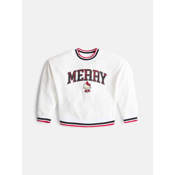 Hello Kitty Girls Long Sleeve Graphic Varsity Crewneck Pullover, Sizes 4-12