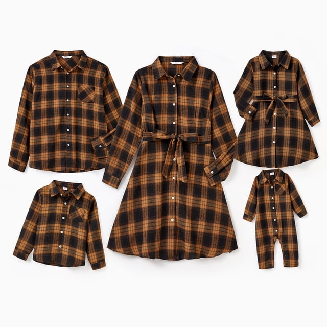 Conjuntos familiares a juego de Navidad, blusa, vestido y pelele con botones y manga larga a cuadros en marrón y negro