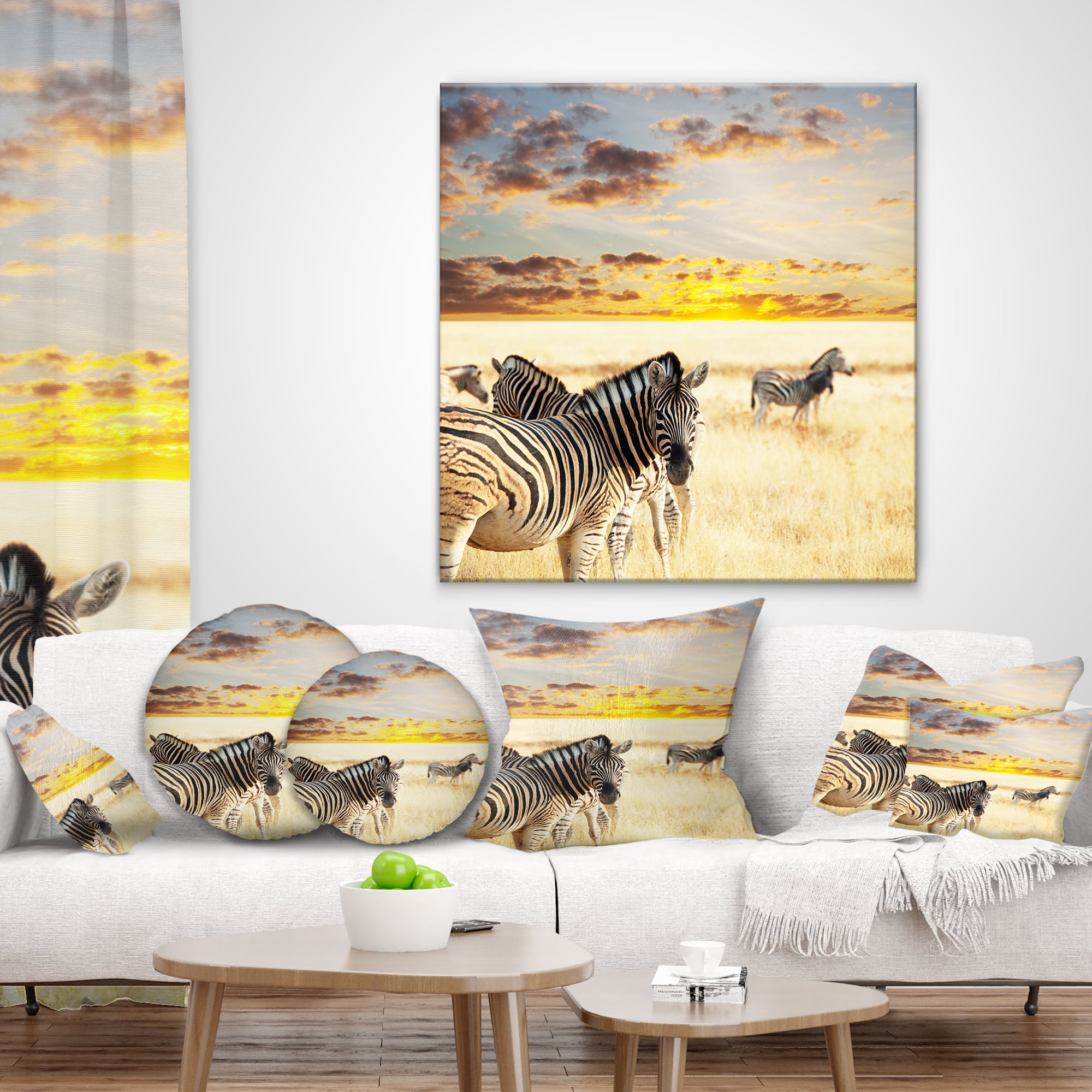 Designart Zebras Walking in Bush under Clouds - African Throw Pillow - 16x16