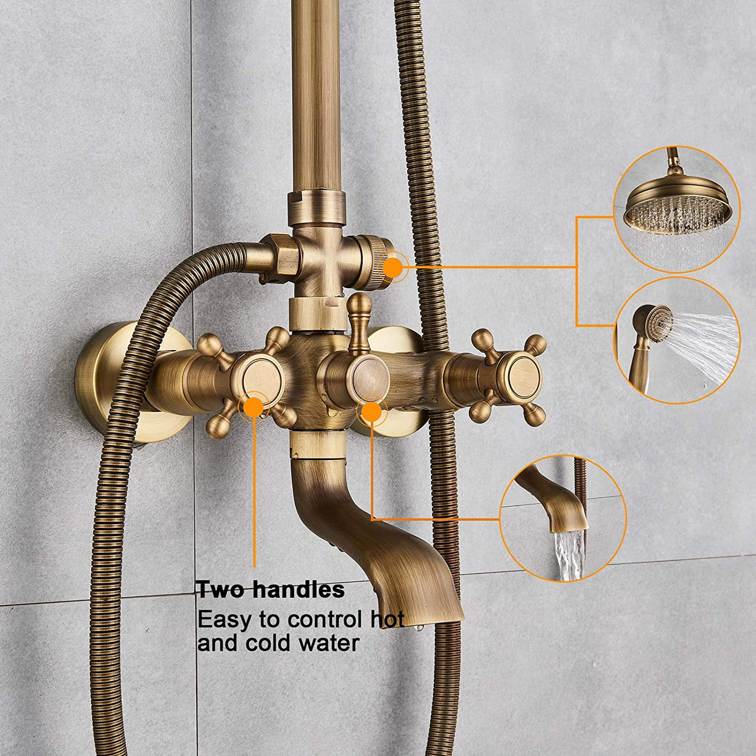 Antique Brass Bathroom Shower Faucet mixer set Rainfall Twin Head kit Tub Spout Exposed