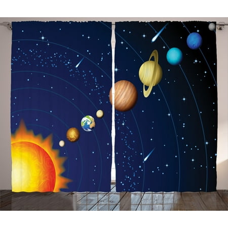 Navy And Orange Living Room Space Curtains 2 Panels Set, Solar System with Sun Uranus Venus Jupiter Mars Pluto Saturn Neptune Image, Window Drapes for Living Room Bedroom, 108W X 90L Inches, Dark Blue Orange, by Ambesonne ()