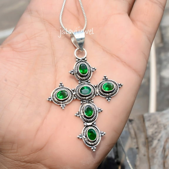 Diopside Gemstone 925 sterling silver Religious Pendant Necklace Cross Jewelry Gift