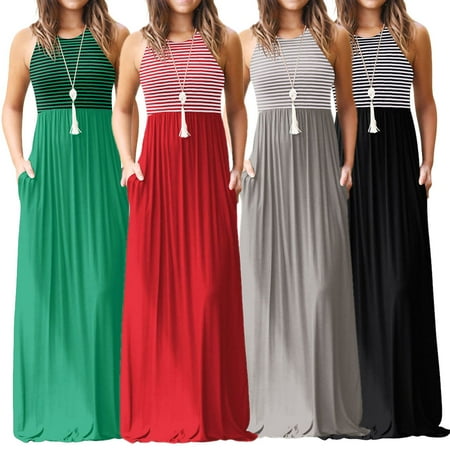 Womens Jumpsuit Pocket Dress Sleeveless Tank Maxi Dress Casual Long Round Neck Slim Sleeveless Stripes Flare Dresses
