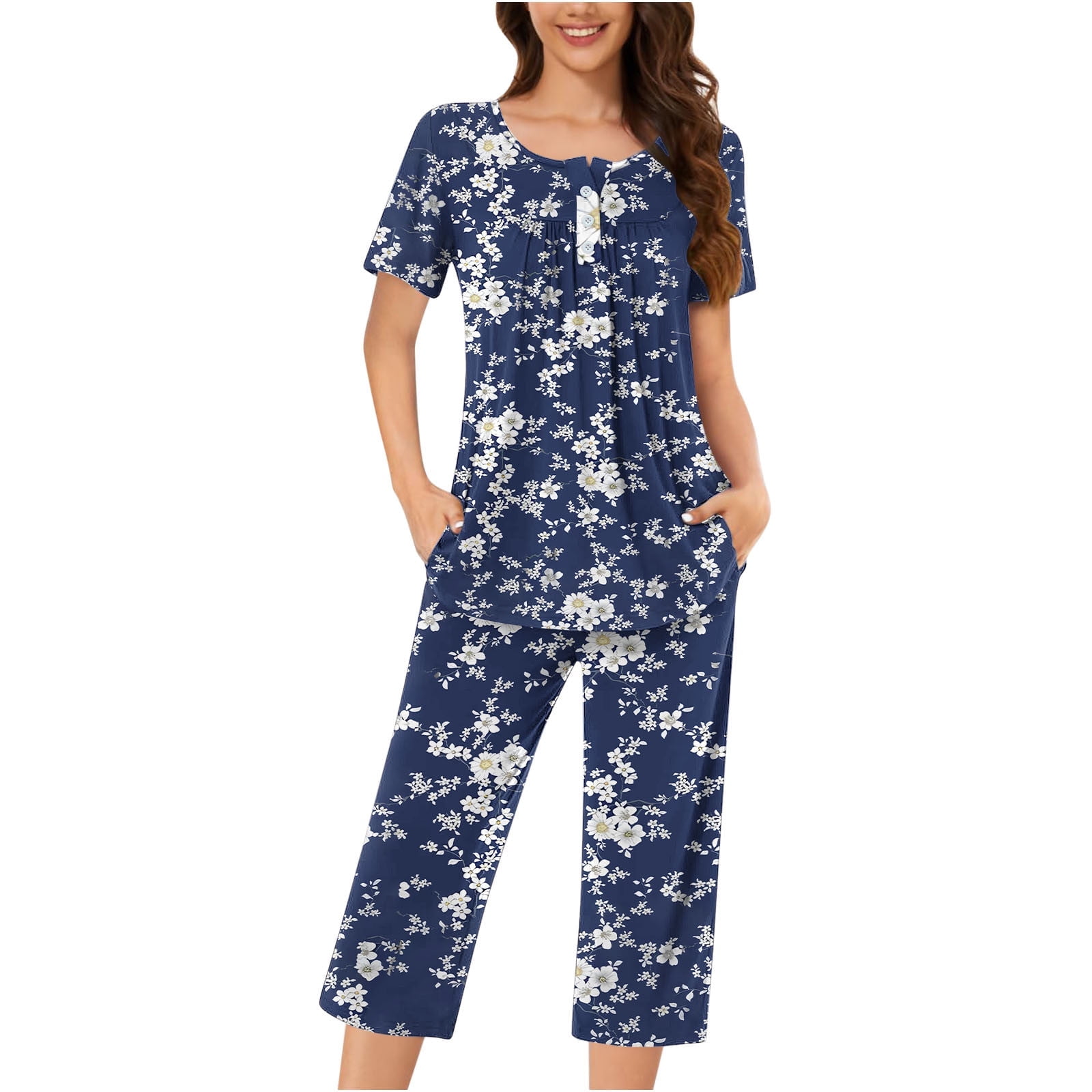 Women Cotton Pajamas Set Short Sleeve Top Capri Pants