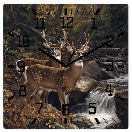 Forest Deer Wooden Wall Clock Silent Non Ticking, Farmhouse Vintage River Elk Square Wall Clocks Battery Operated, Decor Clock for Home Office, Living Room, Kitchen, 10 Inch
