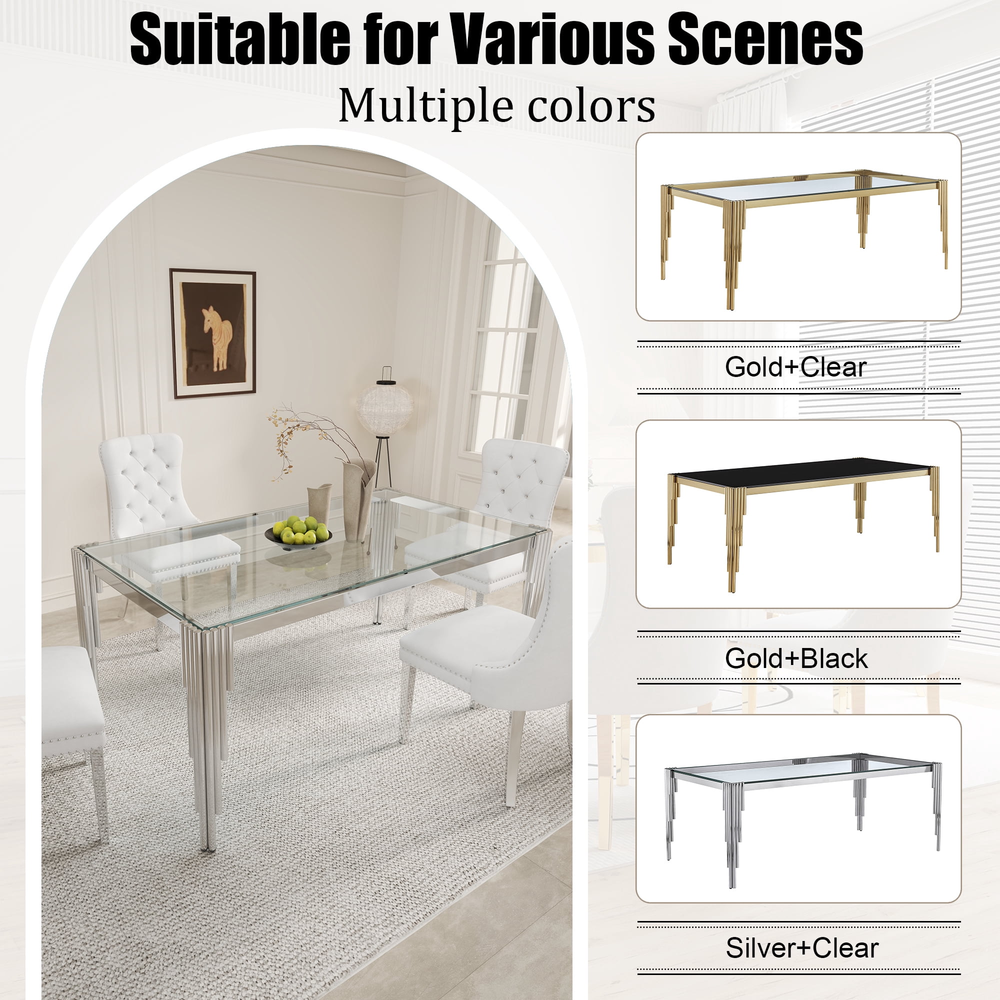 65" Rectangular Clear Tempered Glass Dining Table for 4-6 People, Modern Kitchen Table with Irregular Stainless Steel Legs, Dining Table for Dining Room or Living Room