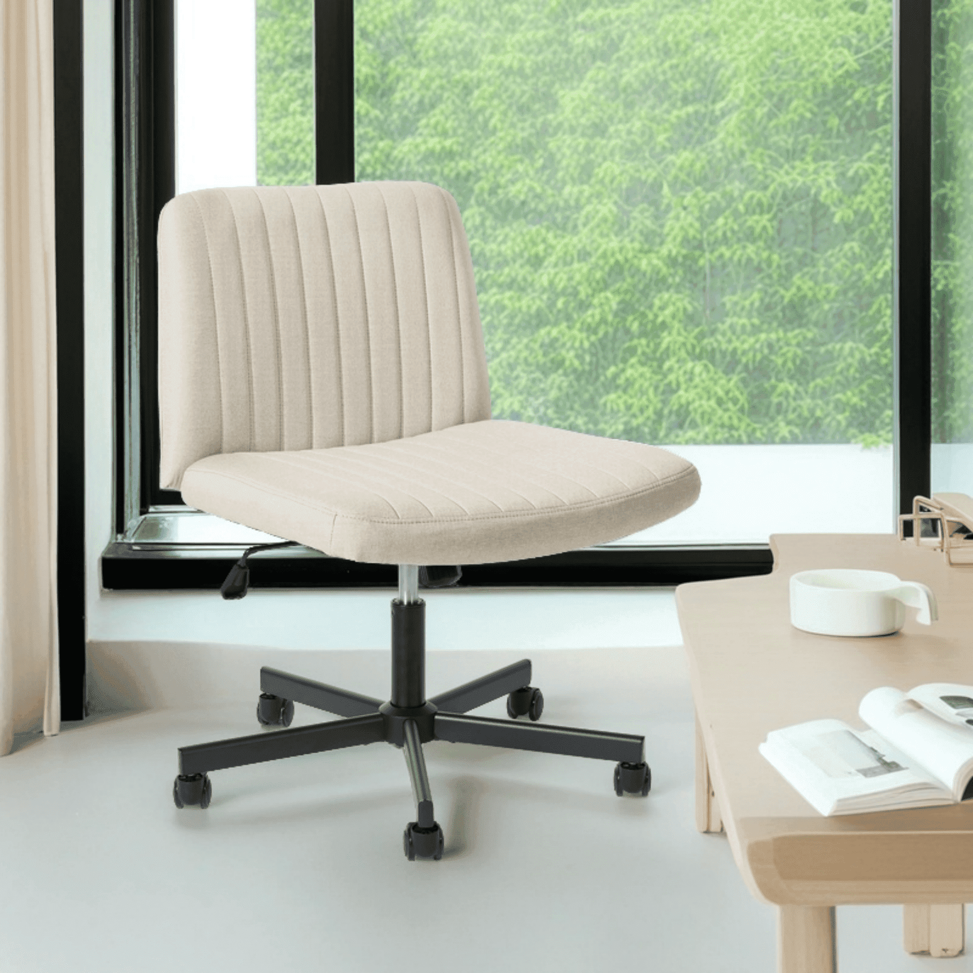 TUAREX Criss Cross Rolling Chair, Wide Seat Armless Office Chair with Wheels, Plus Size Comfort for Desk, Vanity or Bedroom, Beige