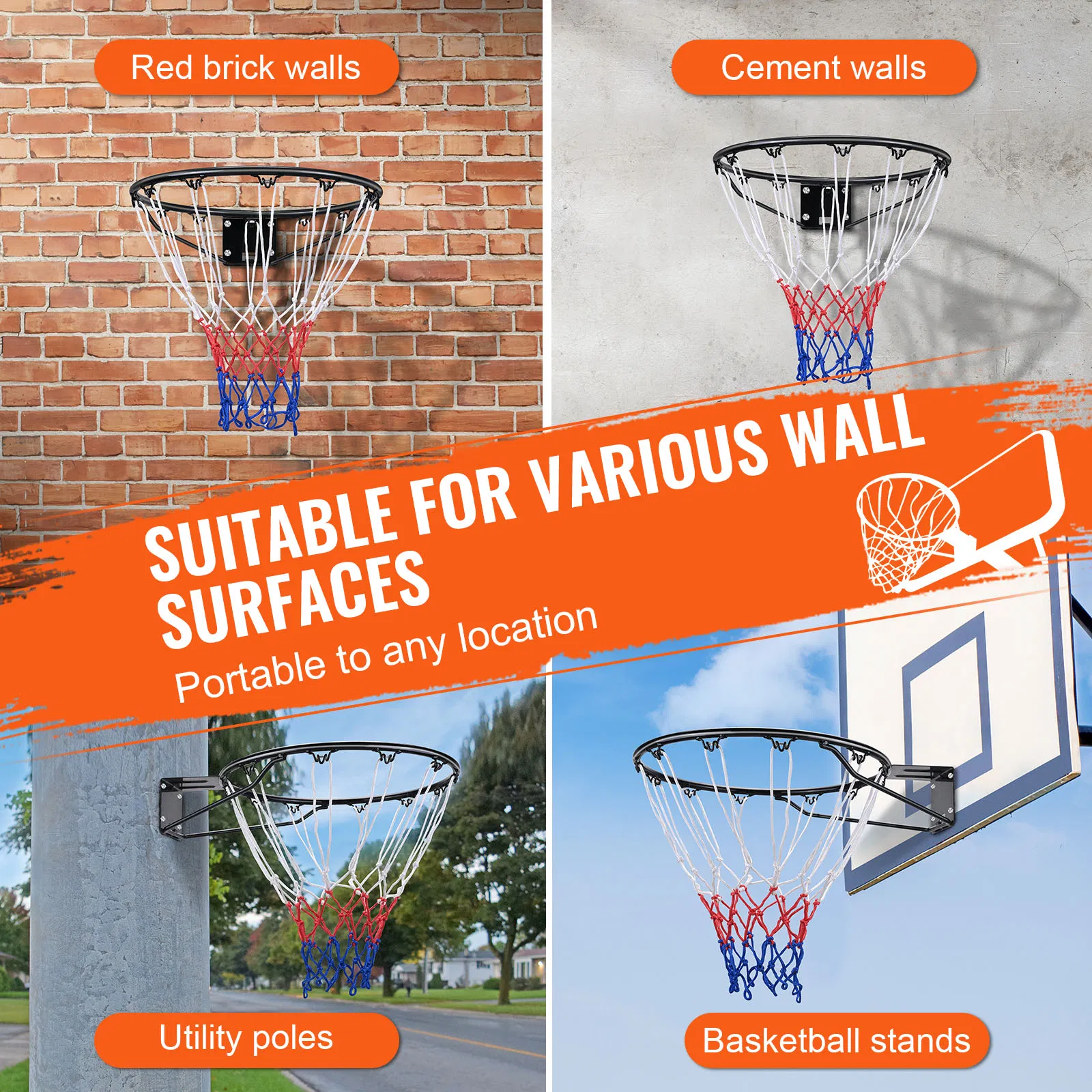 Heavy Duty Basketball Rim Wall Mounted Hoop with Net and Double Spring,18" Indoor Outdoor Flexible Goal Replacement for Kids and Adults
