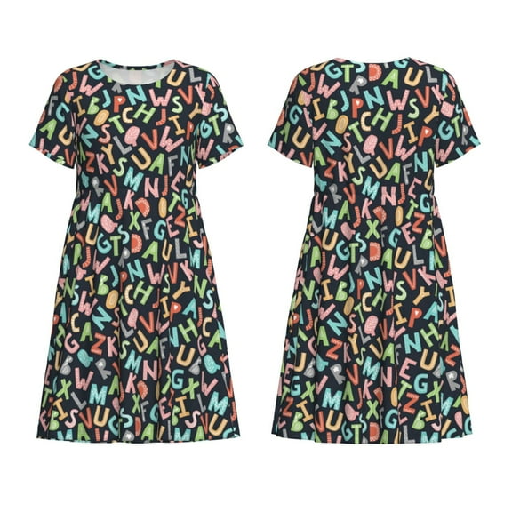 Horeoi Alphabet Print Women's Short Sleeve Dress Breathable Polyester-Spandex All-Over Print A-Line Side Pockets Elastic Waist