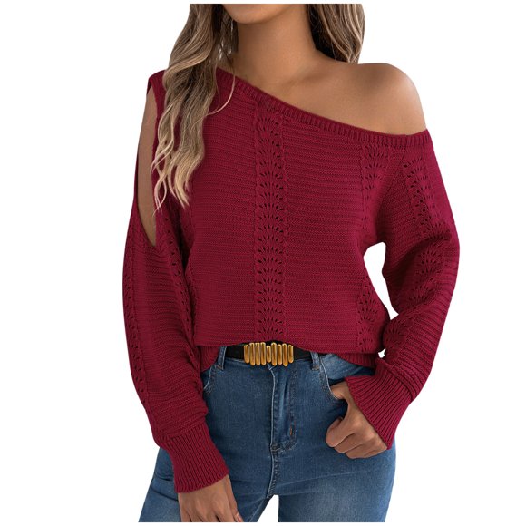Lenpel Women's off Shoulder Sweaters Long Sleeve Asymmetrical Neck Hollow out Crochet Knit Pullover Tops Going out Outfits(Wine,X-Large)
