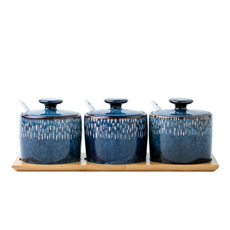 

Ceramic Sugar Bowl With Lid And Spoon Bakey Blue And Gold Line Salt And Pepper Bowls，Spice Box With Spoon And Base，colorful Seasoning Box Storage-3-piece suit-255ml