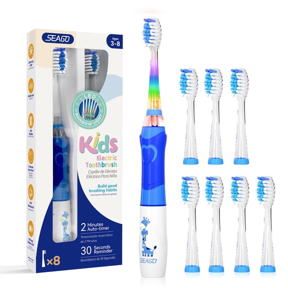 Seago Kids Electric Toothbrush, Rainbow LED Light,4 Brush Heads,for Kids 3