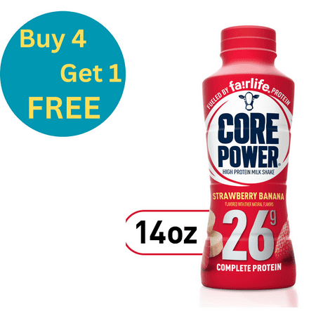 Protein Shake with 26g Protein by fairlife Milk Core Power,Strawberry Banana, 14 fl oz,Buy 4 Get 1 Free.