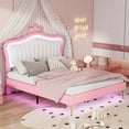 thumbnail image 2 of Queen Size Upholstered Bed Frame with LED Lights, Modern PU Upholstered Princess Bed with Crown Headboard, No Box Spring Needed (White+Pink), 2 of 8