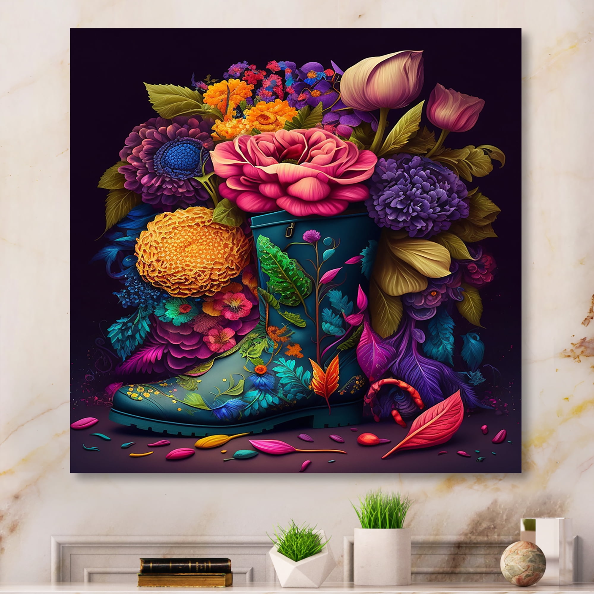 Designart Bright Floral Bouquet In Farm Boots III Canvas Wall Art
