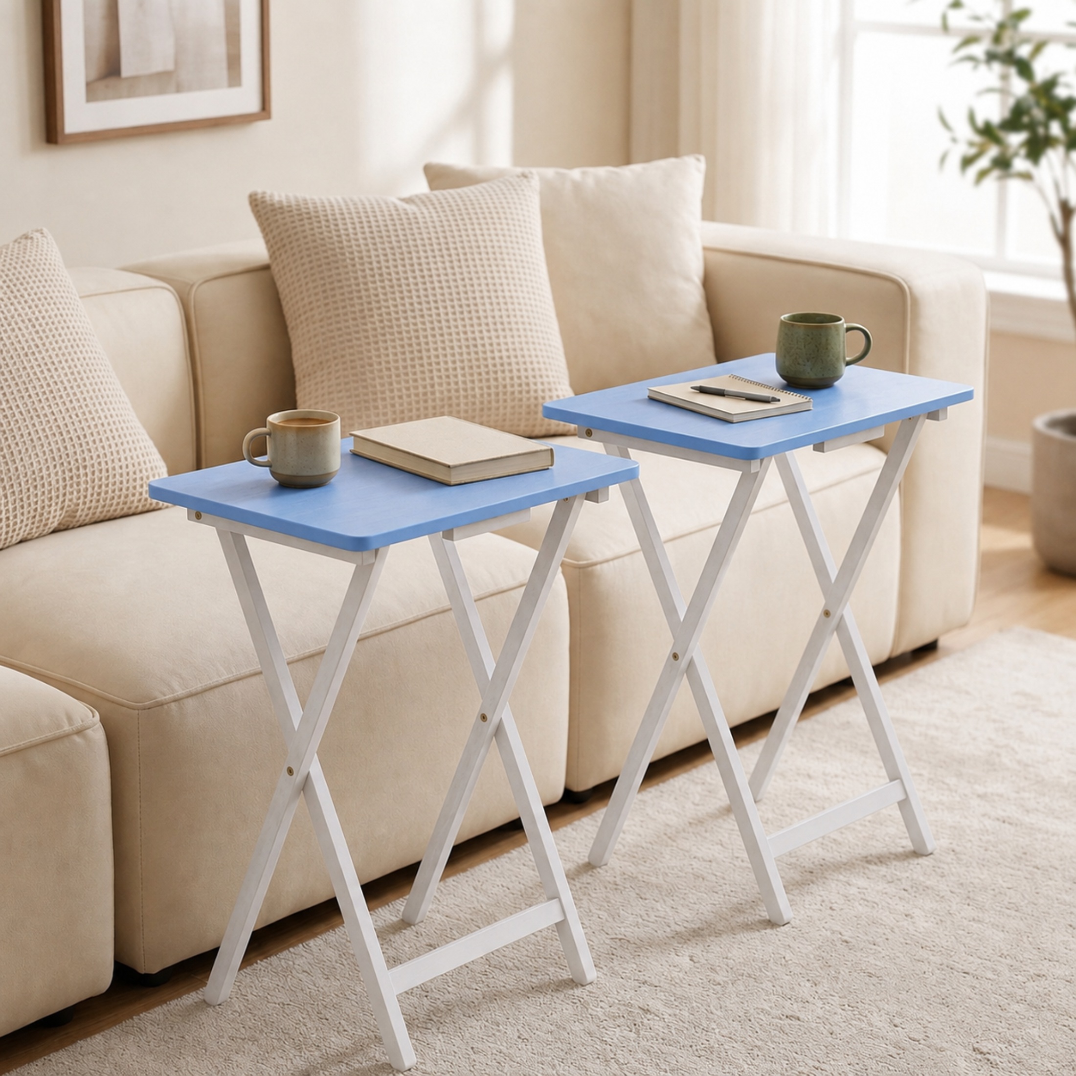 Mainstays Solid Rubberwood Folding TV Tray Tables, Seaside Blue, Set of 2 photo 2