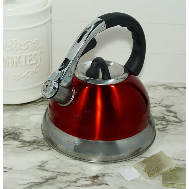 Mainstays 3 Liter Whistling Tea Kettle, Stainless Steel, Red