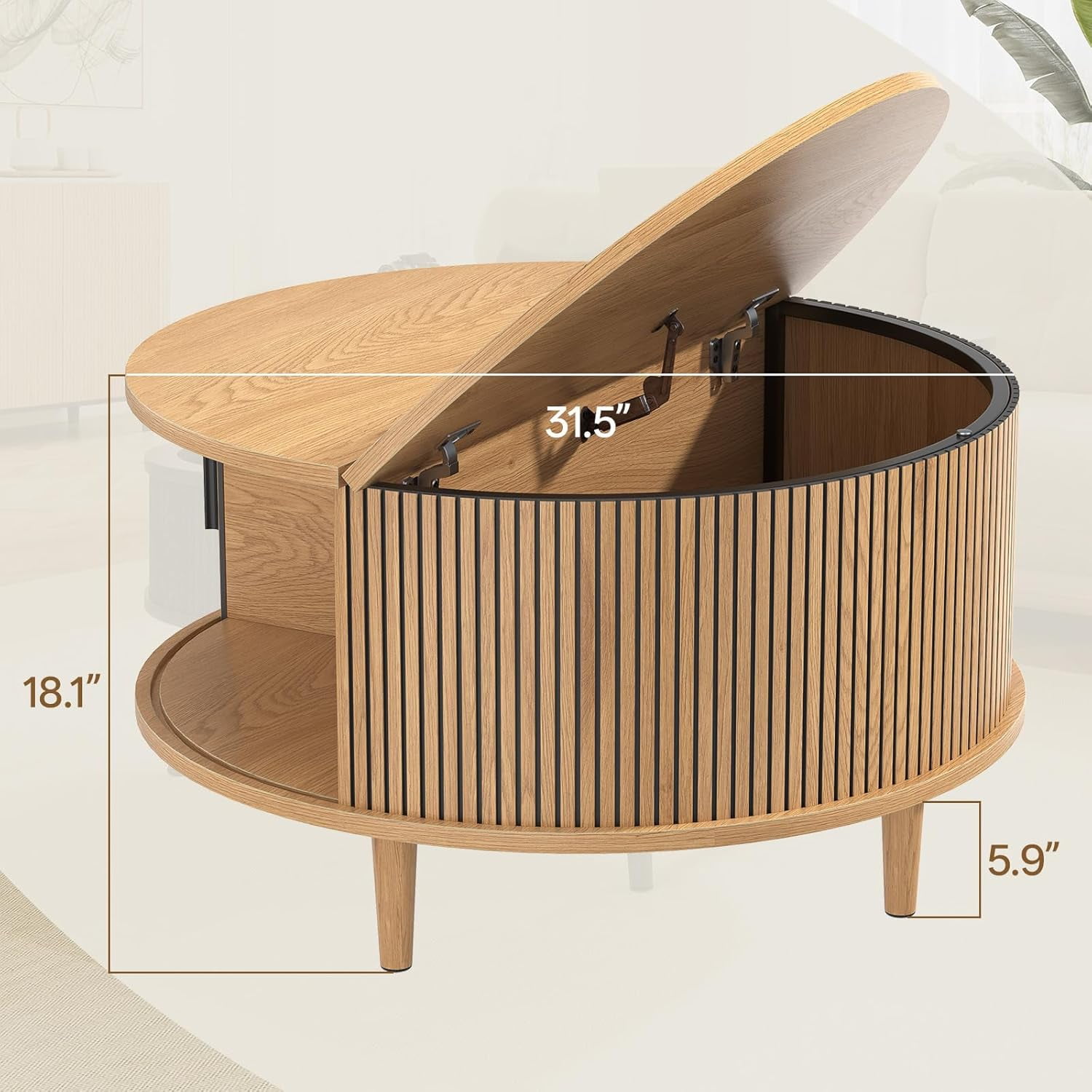 SELOOYE Mid Century Round Coffee Table, Fluted Center Table with Sliding Door, Modern Dining Table with Storage for Home Living Room Office, 31.5", Oak