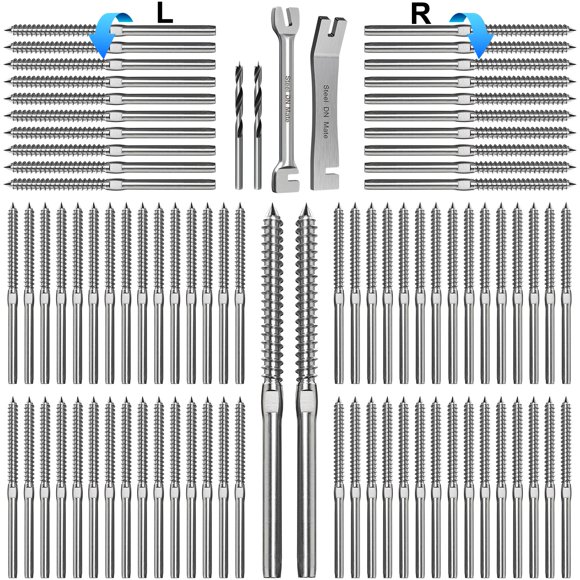 Steel DN Mate 100 Pack T316 Stainless Steel Right&Left Handed Thread Swage Lag Screws for Wood Post of 1/8" Steel Cable Railing Kit, Cable Railing Har
