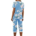 thumbnail image 3 of HYwys Comfy Lounge Sets for Women Short Sleeve V-Neck Tops and Floral Print Wide Leg Pants Loose Capri Pajama Set, 3 of 5