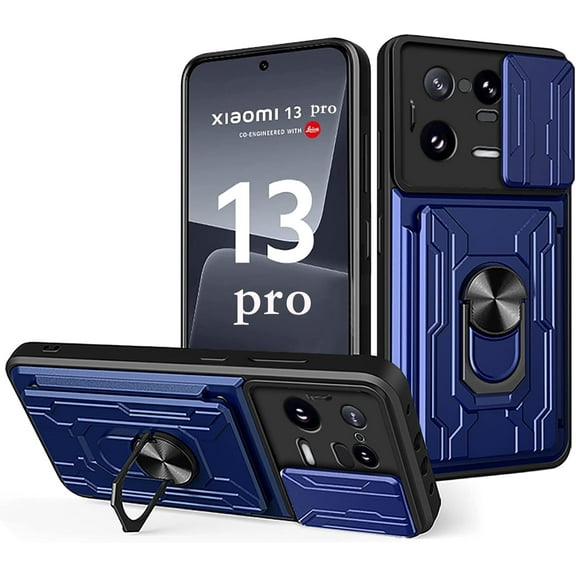 for Xiaomi 13 Case with Slide Camera Cover, Heavy Duty Protective with Ring Kickstand & Card Holder Cell Phone Case for Xiaomi 13 LJK Blue
