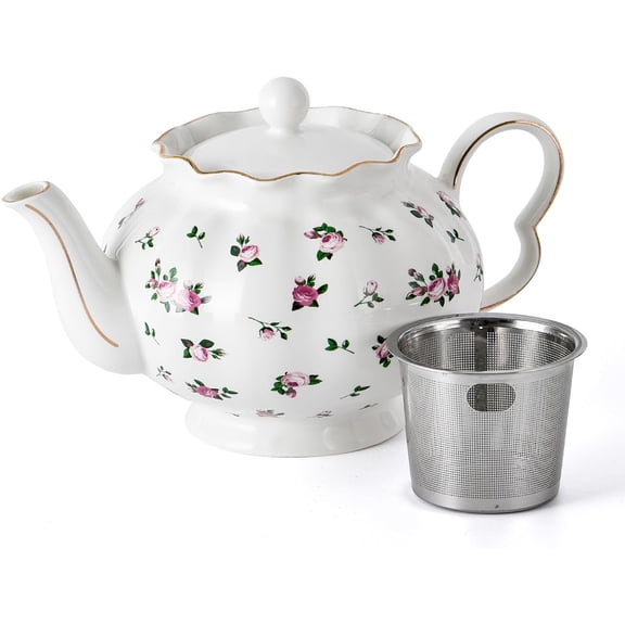 Floral Teapot with Infuser, 33oz, Ceramic Tea Pot with Tea Strainers for Loose Leaf Tea, Rose Teapots for Tea Party, New Bone Porcelain Teapot