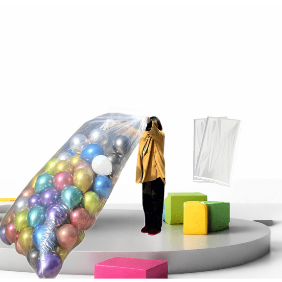 Ikerall 2-pack extra-large plastic balloon storage bags - includes one 98"x59" and one 59"x47" transparent heavy-duty party bags, suitable for transporting, events, and birthday decorations.