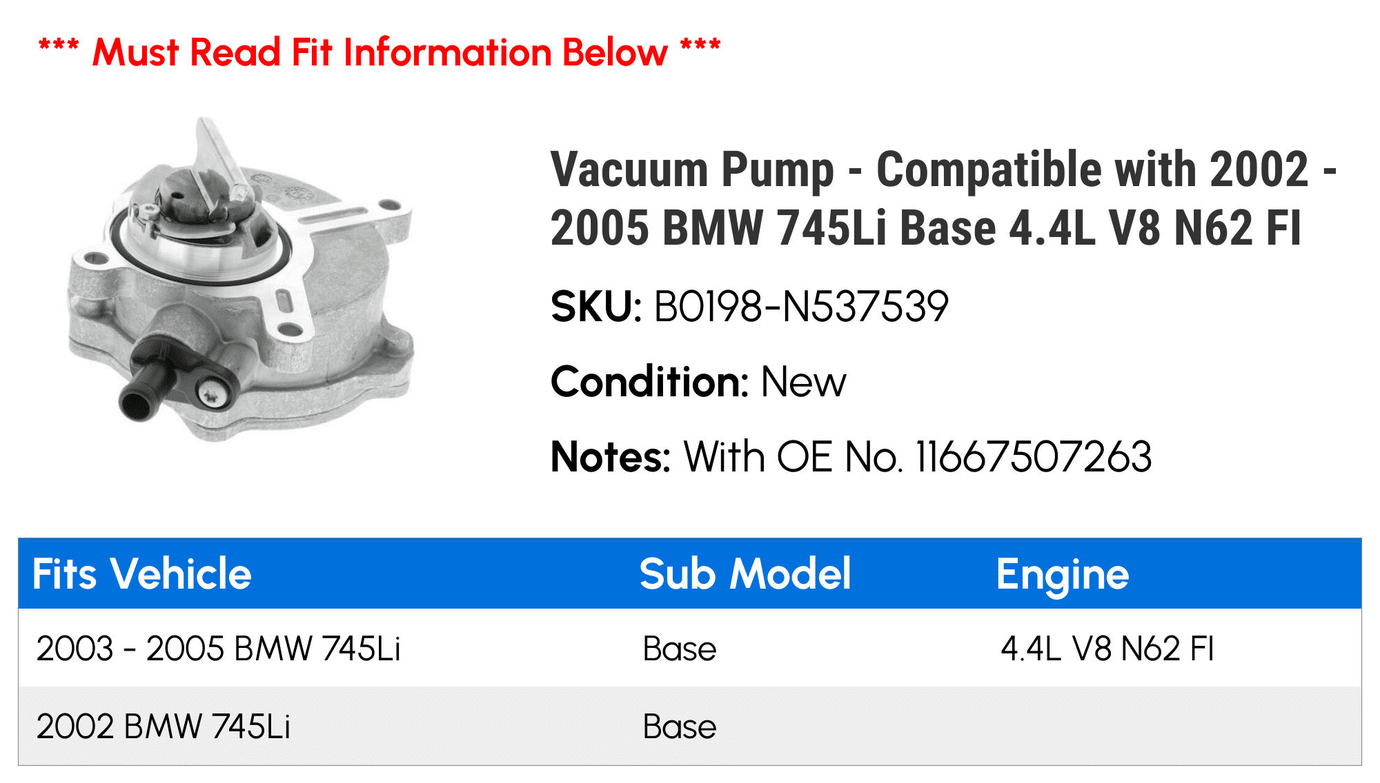 Vacuum Pump - Compatible with 2002 - 2005 BMW 745Li Base 4.4L V8 N62 FI 2003 2004