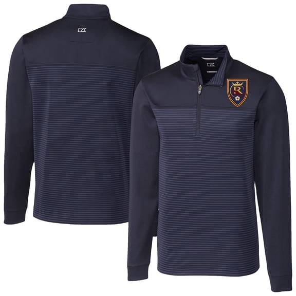 Men's-Cutter & Buck Navy Real Salt Lake Traverse Stretch Eco Stripe Tri-Blend Quarter-Zip Top