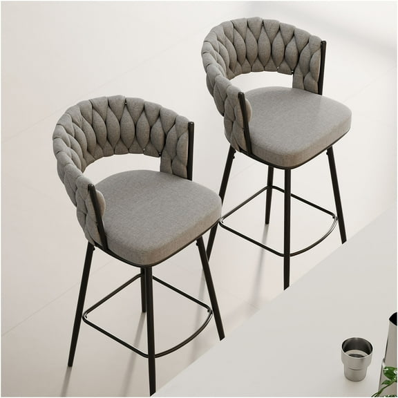 JERFIT 360 Swivel Bar Stools Set of 2 with Padded Backrest, Modern Kitchen Counter Height Chairs with Footrest, Soft Linen Upholstery, Black and Gray