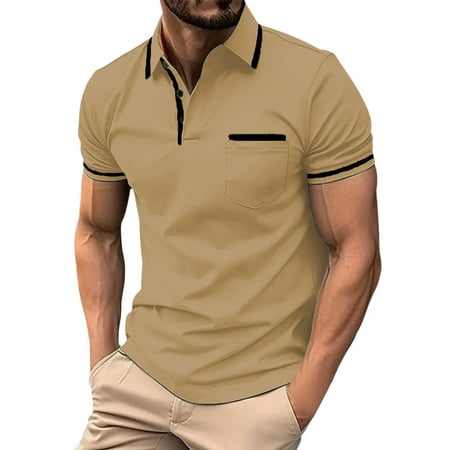 Mens T-shirts Male Spring Business Lapel T Shirt Bottoming Shirt Short Sleeve Patchwork Top Mens Short Sleeve Loose Casual Tee Long Scrub Tech Layer Long Sleeved Big Tees Men Khaki 3XL