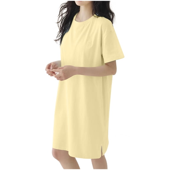 hotojiny Women's Nightgowns Sleepshirts Summer Classic Short Sleeve Night Shirt Solid Color Crew Neck Sleepshirt Sleepwear