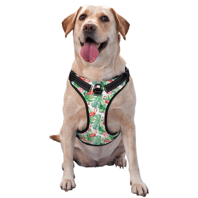 Kdxio Flamingo And Monstera Print No Pull Dog Harness Adjustable Reflective Oxford Easy Control Medium Large Dog Harness for Training and Everyday-X-Large