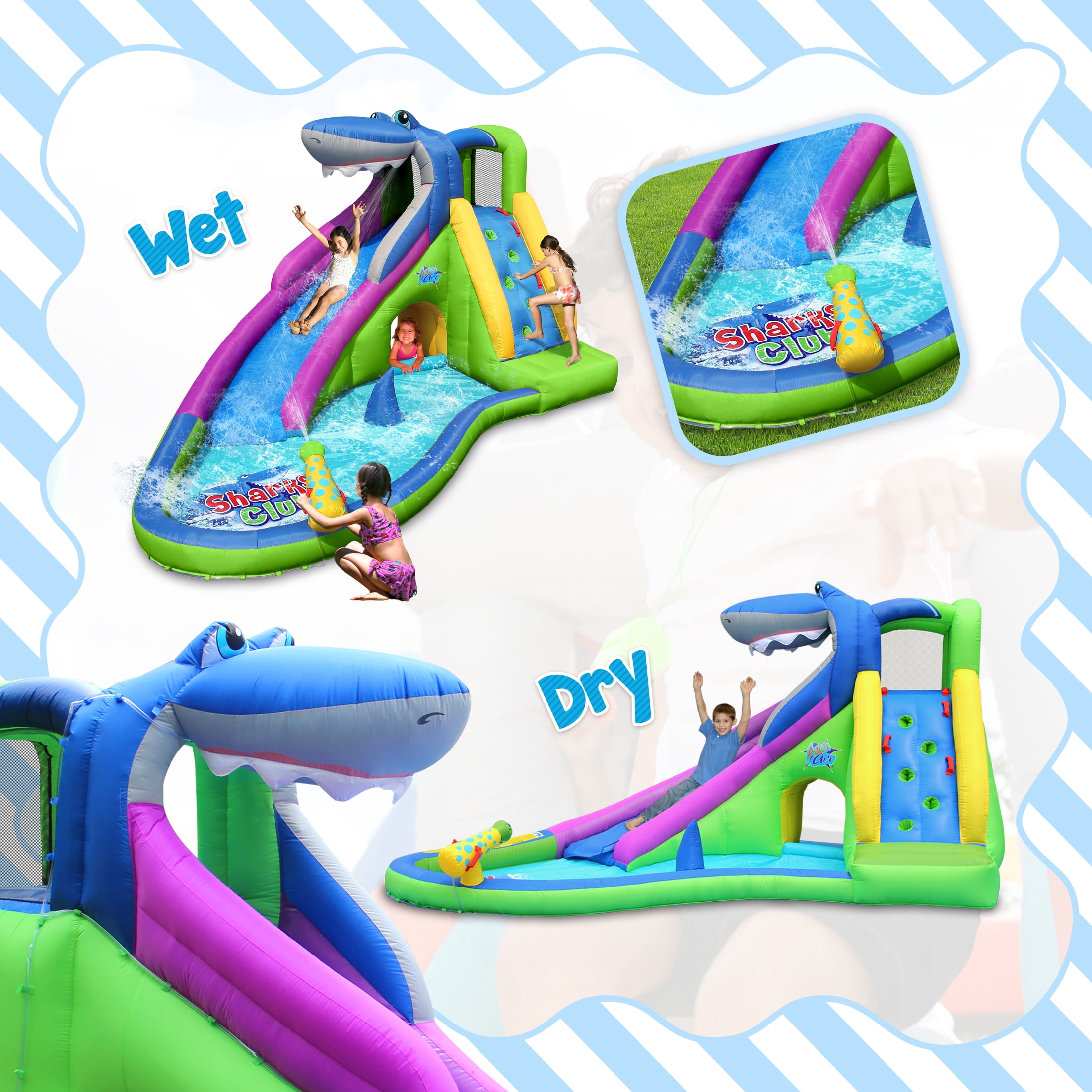 ACTION AIR Inflatable Water Slide, 15' Shark Bounce House with Water Gun and Splash Pool